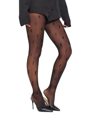 Black Logo Sheer Patterned Tights